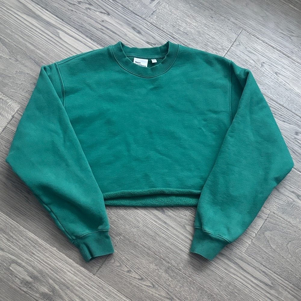 TNA | Pine Green Crew Neck Cropped Sweatshirt Sweatfleece Cozy Fleece Sz Small